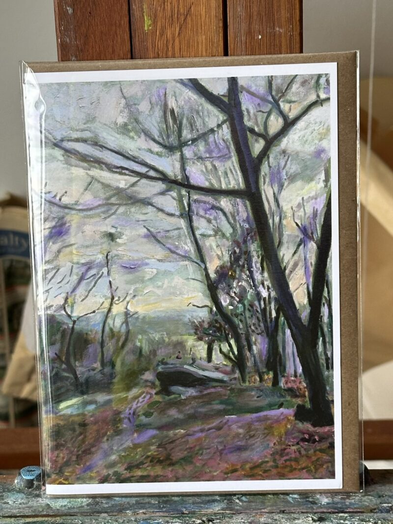 Greeting card print showcasing an oil painting by Noel Hefele of Vault Hill in Van Cortlandt Park, Bronx, NY, set amidst a tapestry of vibrant hues and organic forms.
