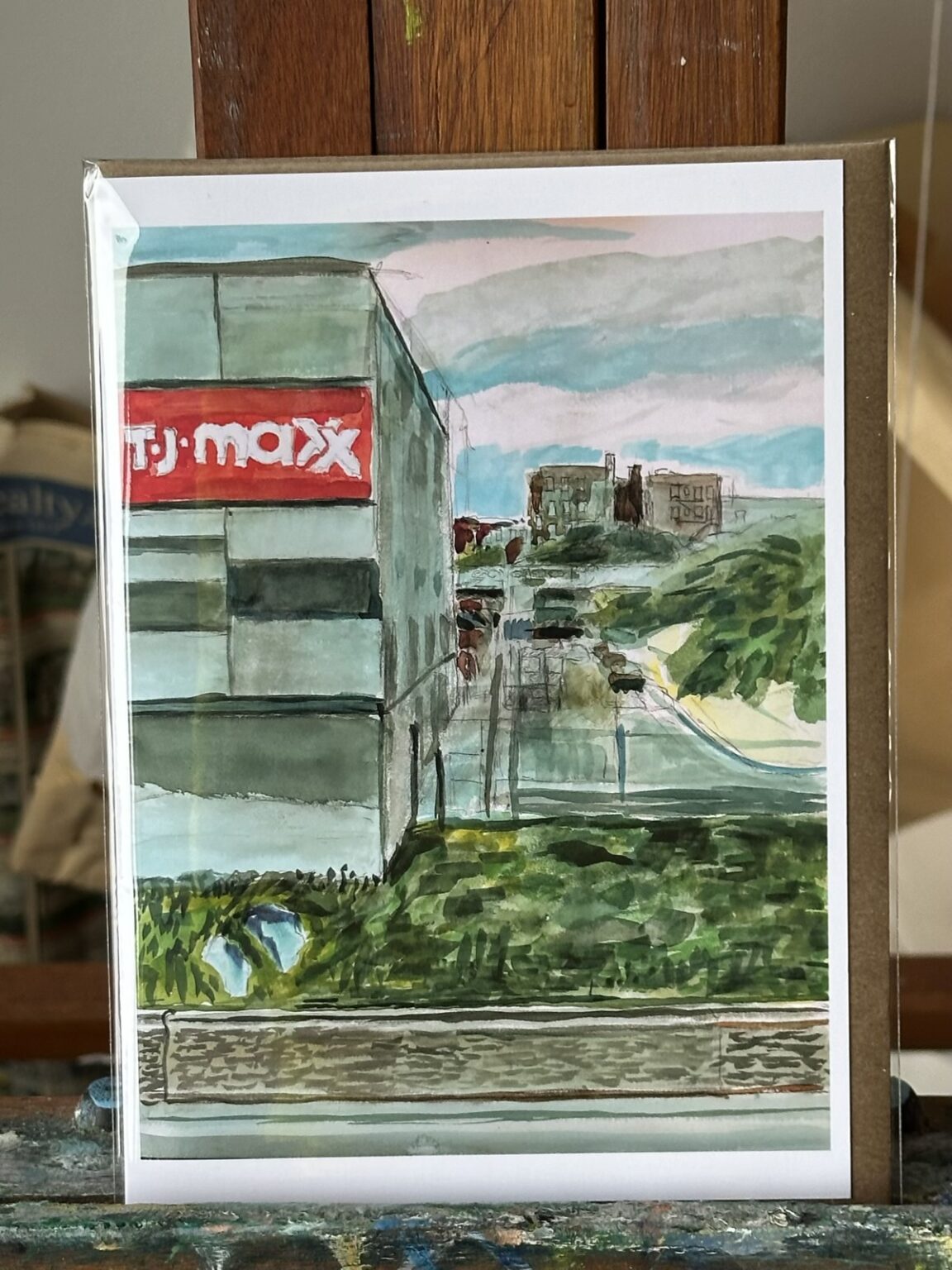 Watercolor painting of the Daylighting Tibbetts Corridor behind TJ Max in Kingsbridge, Bronx by Noel Hefele.