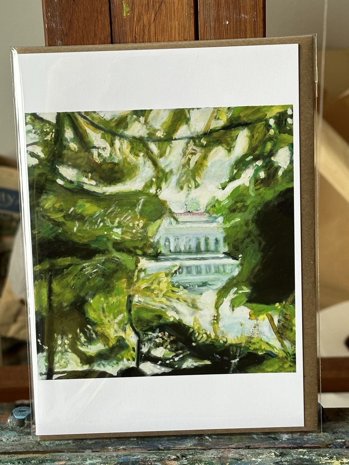 Oil painting of the Prospect Park Boat House and Audubon Center on the Lake by Noel Hefele.