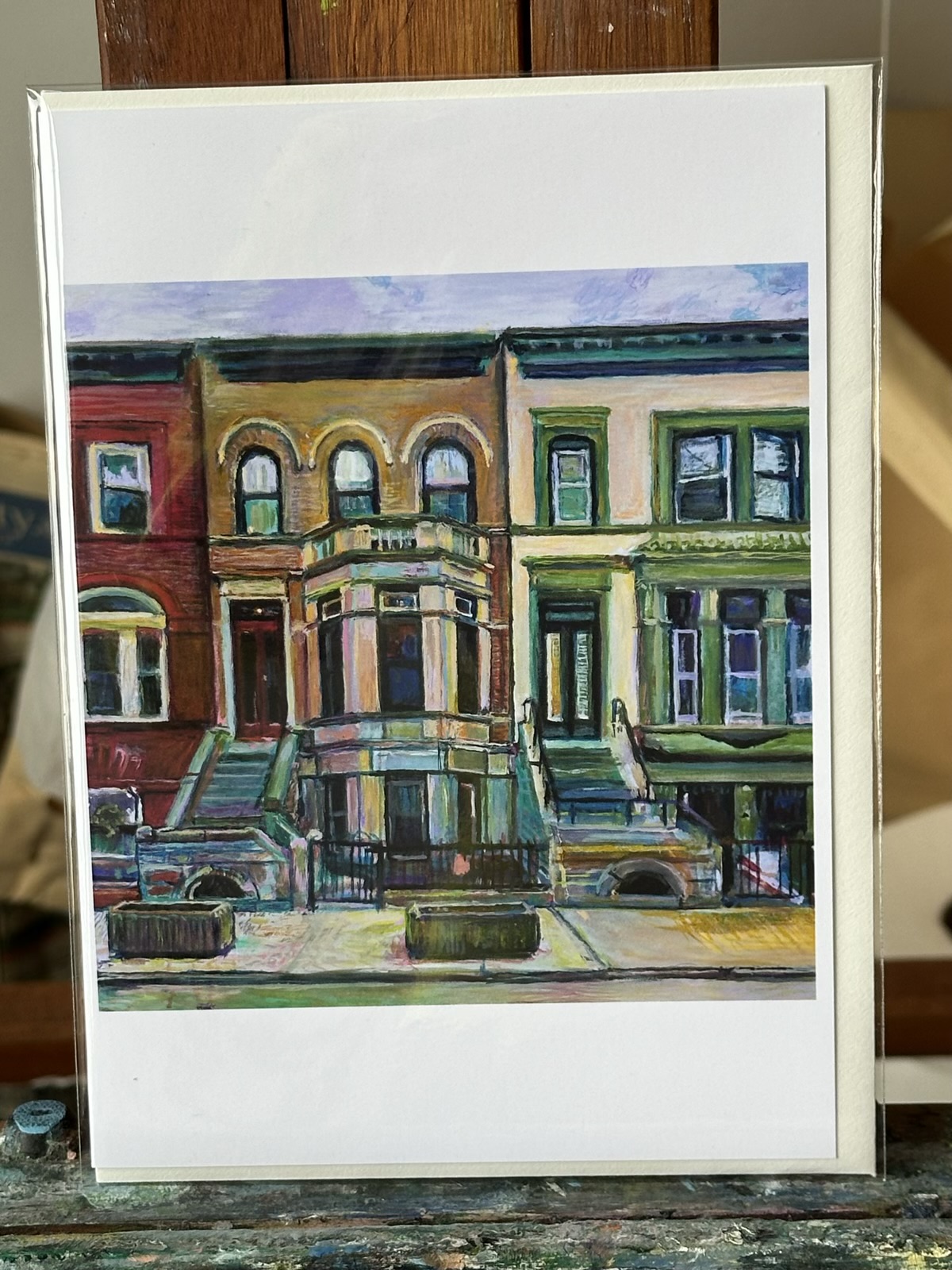 Oil painting of Midwood Street brownstones, Prospect Lefferts Gardens, Brooklyn by Noel Hefele.