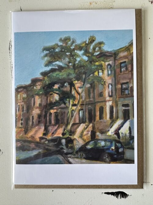 A vibrant oil painting capturing a tree-lined street in Prospect Lefferts Gardens, Brooklyn, with brownstone buildings and a parked car in the foreground