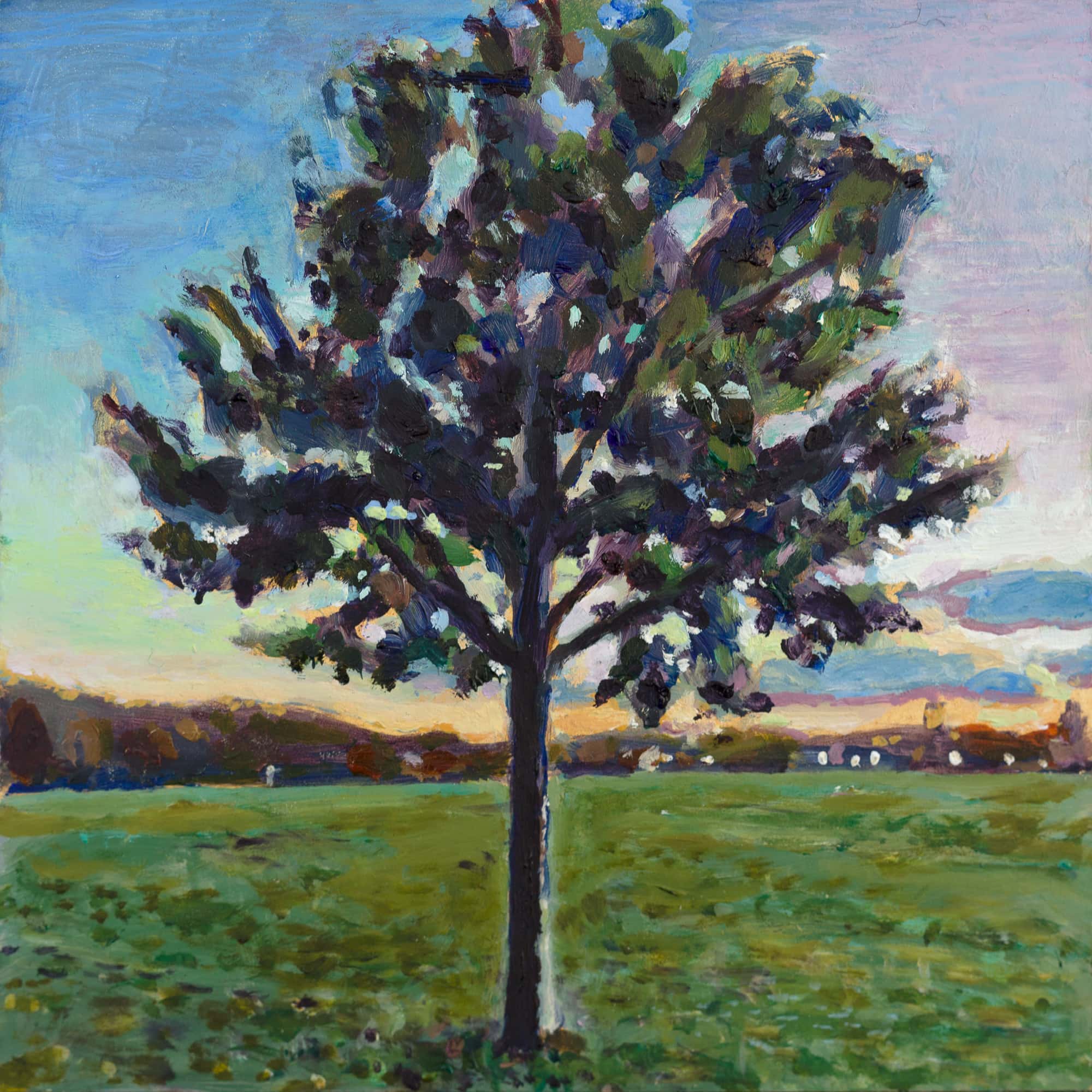 This 6x6 inch oil painting captures the serene beauty of an oak tree in Van Cortlandt Park at sunset. Artist Noel Hefele's piece reflects the tranquility and enduring presence of nature amidst the urban landscape. Painted as a thoughtful gift for the Mori family, it symbolizes the deep-rooted connections and the natural heritage their name, 'forest', embodies. The painting is a fusion of the artist's appreciation for natural landscapes and his skill in depicting the subtle interplay of light and shadow.