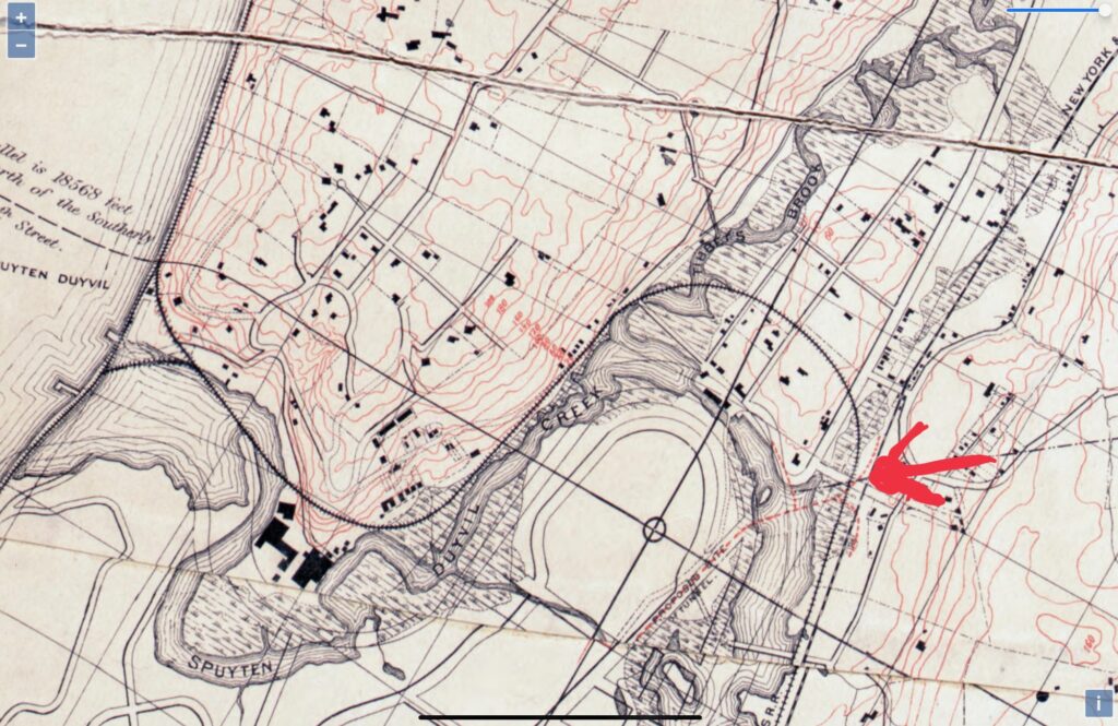 Historical map indicating the original course of Tibbetts Brook near Siren Slope, with a red arrow pointing to the park's location.