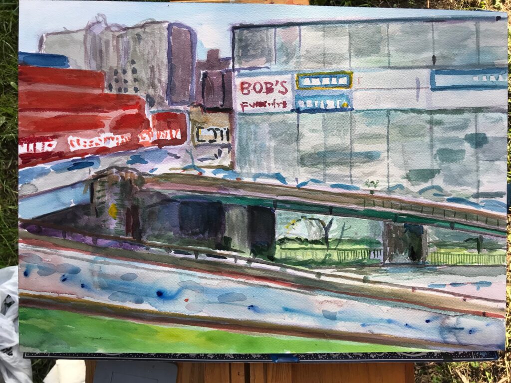 The completed plein air painting at Siren Slope, depicting the juxtaposition of nature with urban elements.