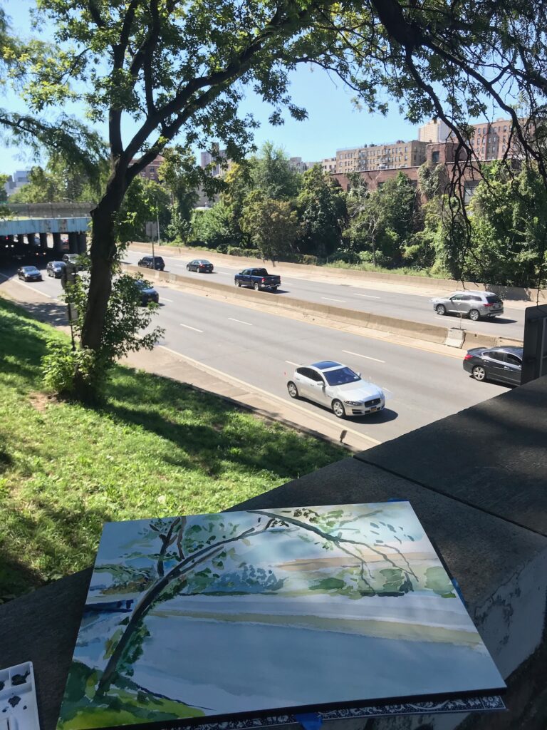 An easel with a vibrant painting of the Major Deegan Expressway is set up on the sidewalk, a narrative of city life unfolding on canvas.