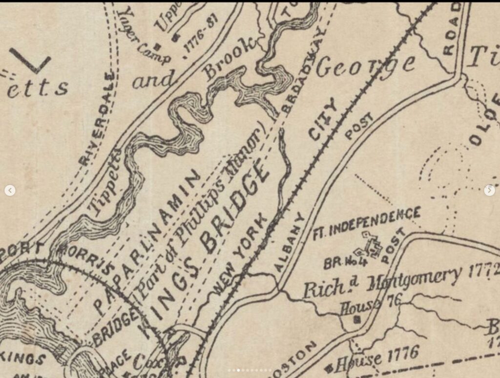 Detailed segment of an aged map depicting the meandering Tibbetts Brook with adjacent landmarks