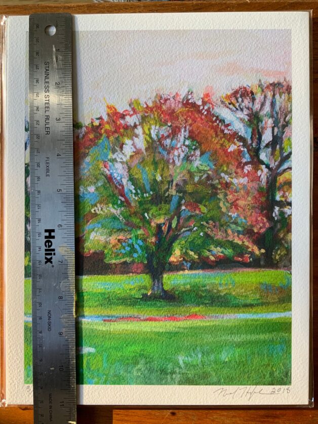 Close-up of red tree artwork showcasing fine art giclée printing quality