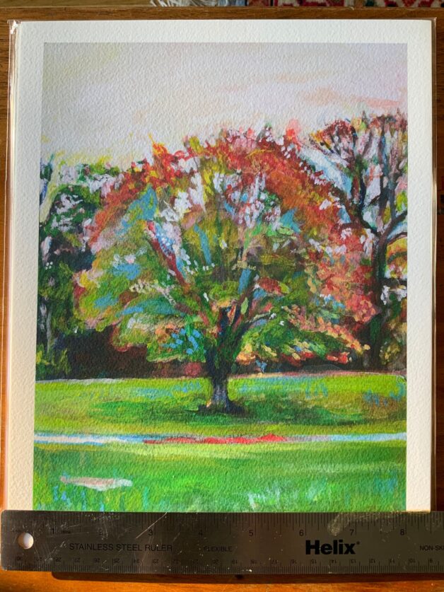 Limited edition giclée print of a vibrant red tree in Prospect Park