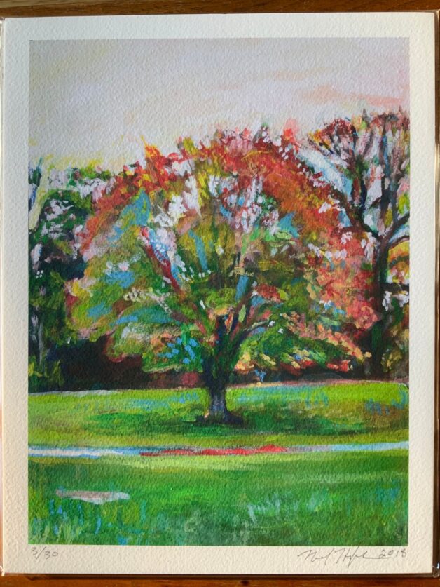 High-quality giclée print capturing the beauty of a red tree in Brooklyn's green space