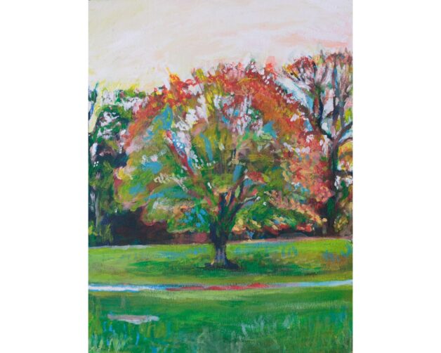 High-quality giclée print capturing the beauty of a red tree in Brooklyn's green space