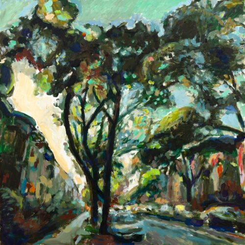 Oil Painting of Rutland Road in Prospect Lefferts Gardens by Noel Hefele", "Impressionist Artwork of Rutland Road", "Prospect Lefferts Gardens Scene Oil Painting"