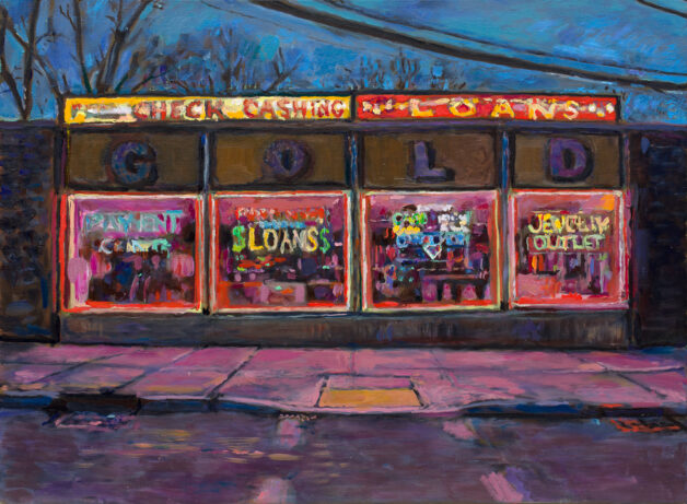 Oil painting of a check cashing spot by Noel Hefele