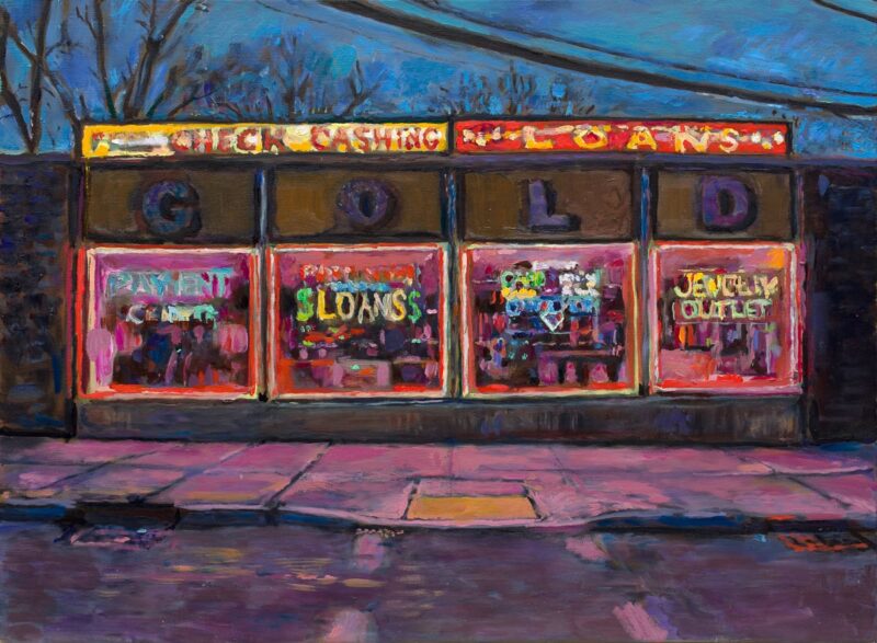 Oil painting of a check cashing spot by Noel Hefele