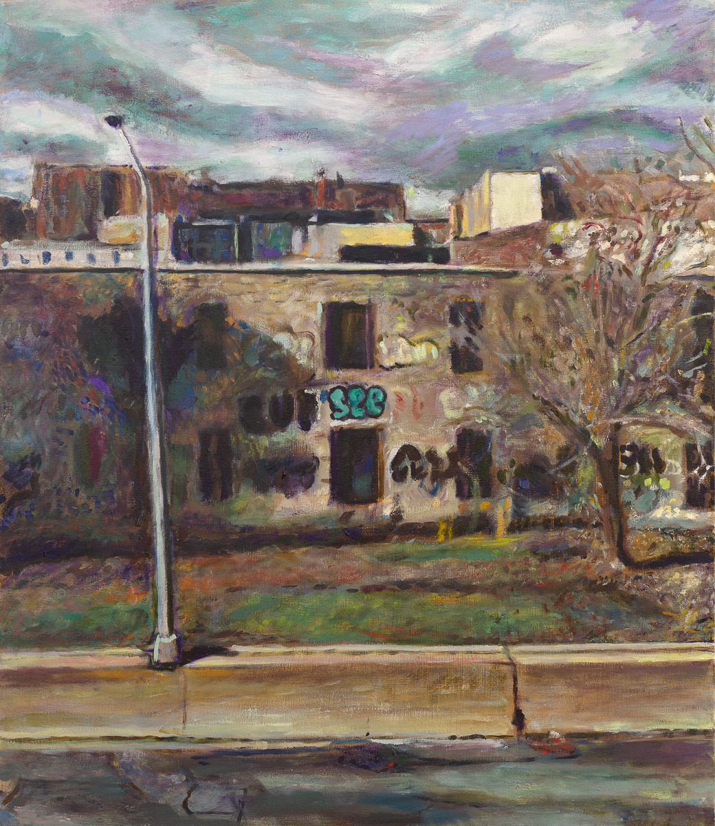 Oil painting of the old Putnam railroad next to the Major Deegan Expressway in the Bronx, showing a landscape poised for ecological transformation, with buildings and a street lamp under a dynamic sky.