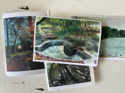 Group shot of various greeting cards including "Broadway Drain"