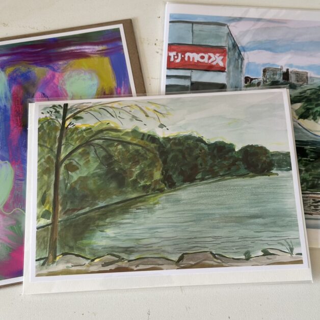 Group shot of various greeting cards including "Hester and Piero's Mill Pond"