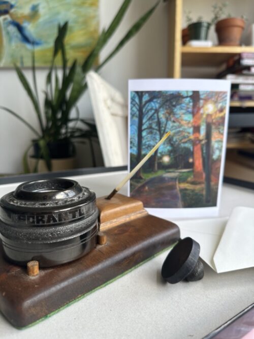 Van Cortlandt Park at Dusk greeting card displayed in a lifestyle setting
