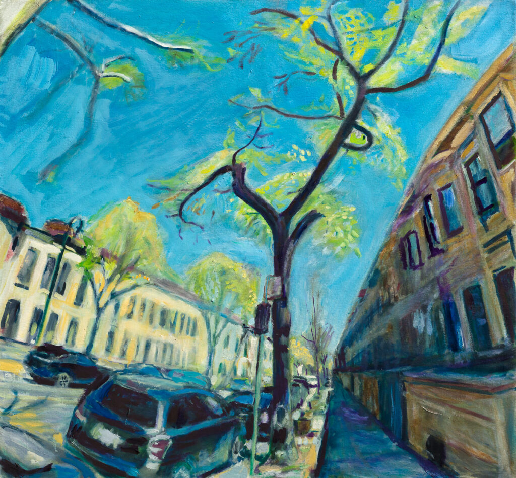 oil painting of Maple Street in Prospect Lefferts Gardens by Noel Hefele