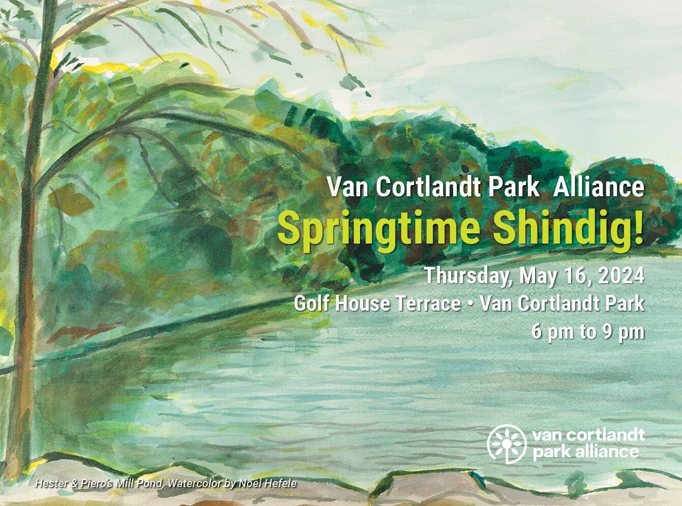 Van Cortlandt Park Alliance invitation to 2024 springtime shindig featuring artwork by Noel Hefele