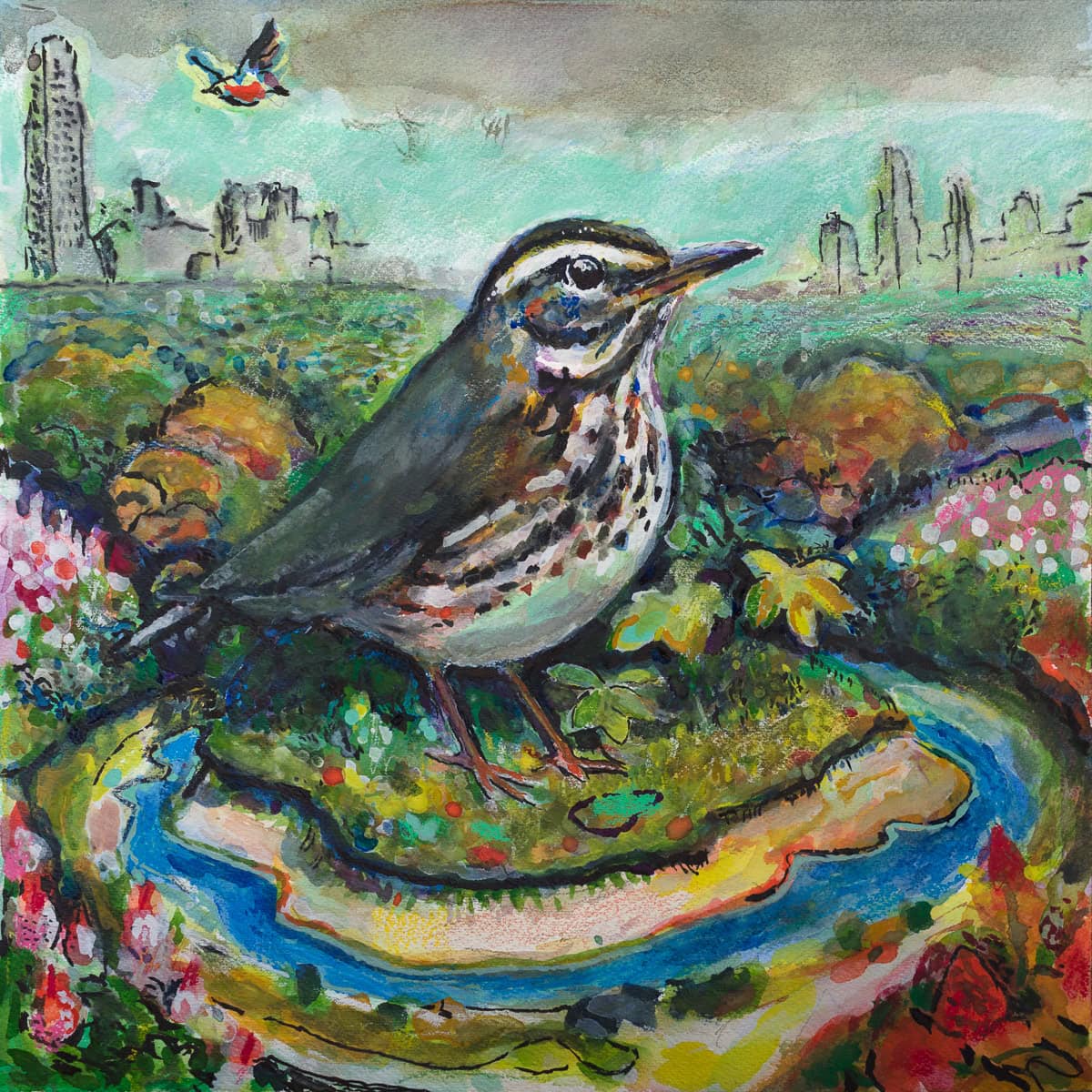 Colorful painting of a Louisiana Waterthrush perched in a vibrant urban landscape by Noel Hefele