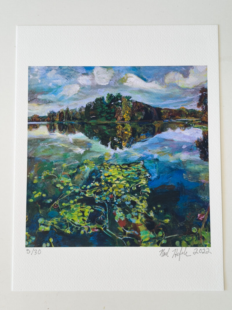 Limited edition giclée print of Prospect Park Lake in Brooklyn, featuring vibrant fall colors and serene water reflections, printed on archival Arches Aquarelle paper.