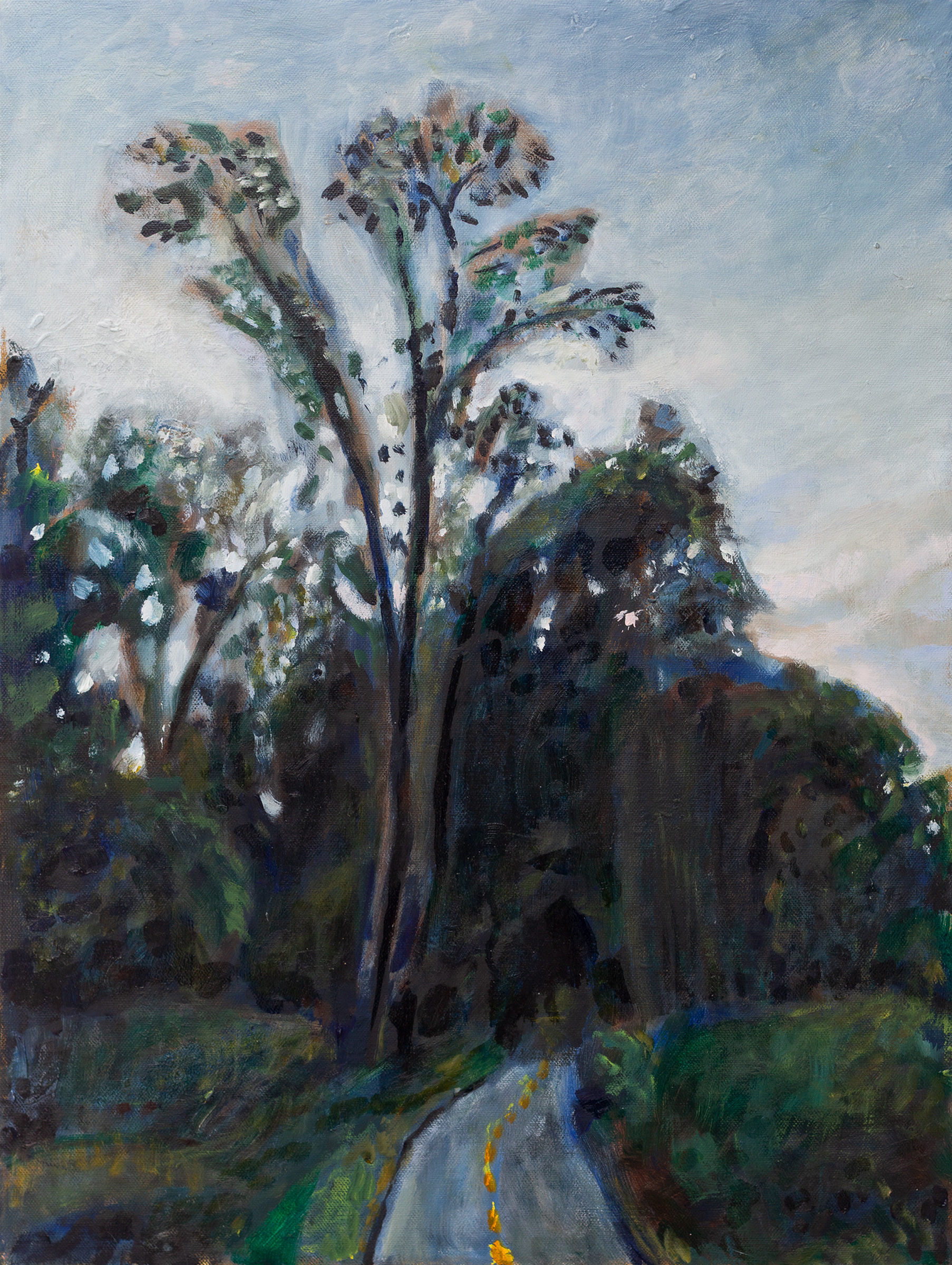 Oil on canvas painting of the Putnam Railway path by Noel Hefele, titled Language of Landscape. Van Cortlandt Park