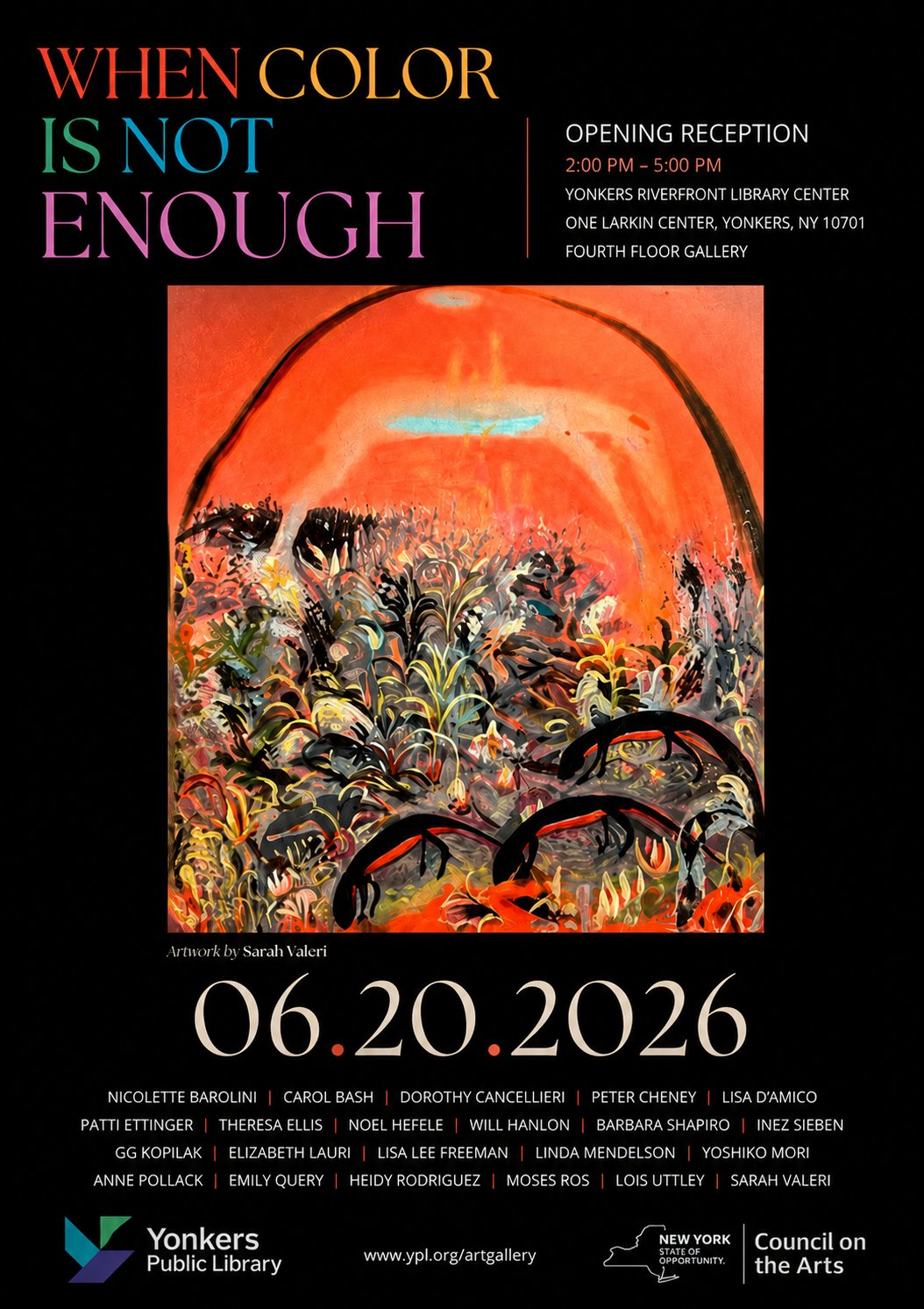 When Color Is Not Enough exhibition poster, June 20 2026, Yonkers Riverfront Library Fourth Floor Gallery